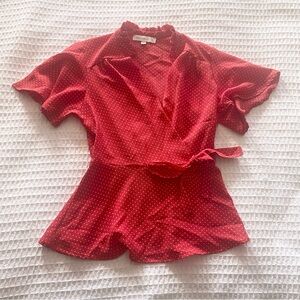 Monteau red and white polka dot faux wrap blouse Small